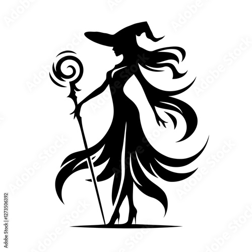 Elegant witch with staff in black and white silhouette illustration