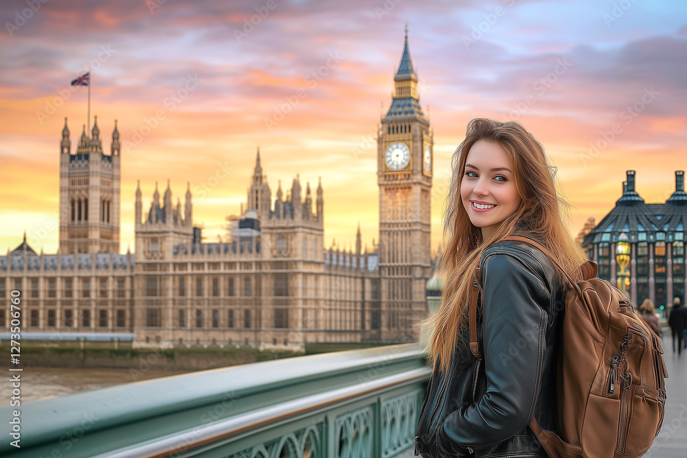 Obraz premium Smiling tourist by Big Ben and Westminster at sunset in London, England