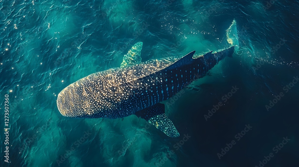 Fototapeta premium Minimalist top down view of a majestic whale shark gracefully gliding through crystal clear ocean waters with soft shadows and elegant simplicity creating a serene tranquil