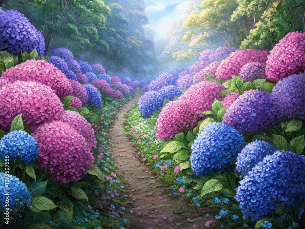 Obraz premium Hydrangea path, forest, spring, flowers, sunlight, tranquil scene, nature, idyllic