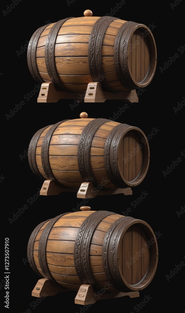 A set of three wooden barrels stacked vertically, showcasing rustic craftsmanship. Ideal for use in beverage, winery, and vintage-themed designs. A set of three wooden barrels stacked vertically, showcasing rustic craftsmanship. Ideal for use in beverage, winery, and vintage-themed designs.
