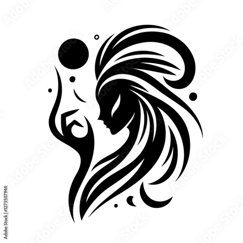 Mystical woman with cosmic energy in black and white illustration
