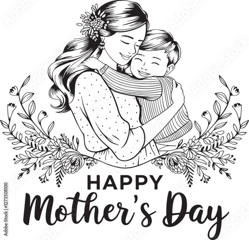 Happy Mother's Day Illustration with Mother and Child Embracing