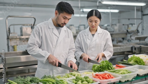 Two scientists in lab coats cutting vegetables in a food processing facility photo