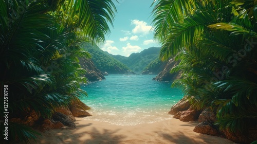 Fototapeta Naklejka Na Ścianę i Meble -  Tropical beach cove framed by lush palm trees