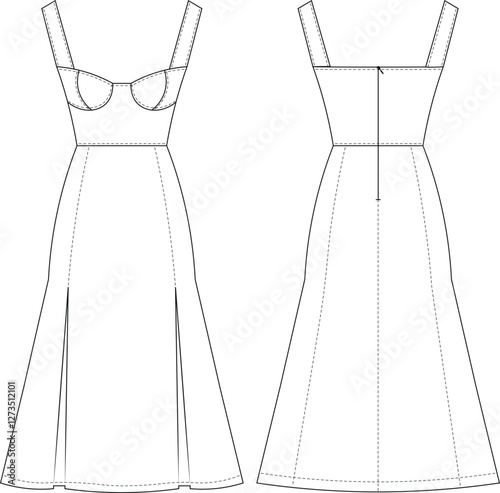 sleeveless strapped strappy square neck fit bodycon pleated mermaid long midi zippered dress template technical drawing flat sketch cad mockup fashion woman design style model 
