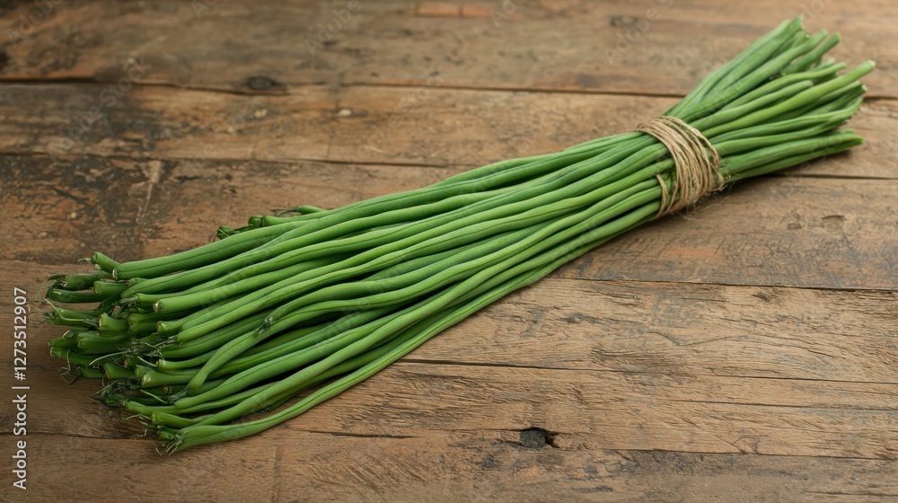 Bunch of green beans on a wooden background Bunch of green beans on a wooden background