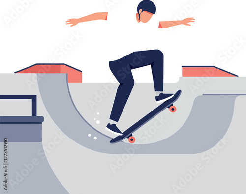 Skateboarder performing tricks in a skate park with flat vector art