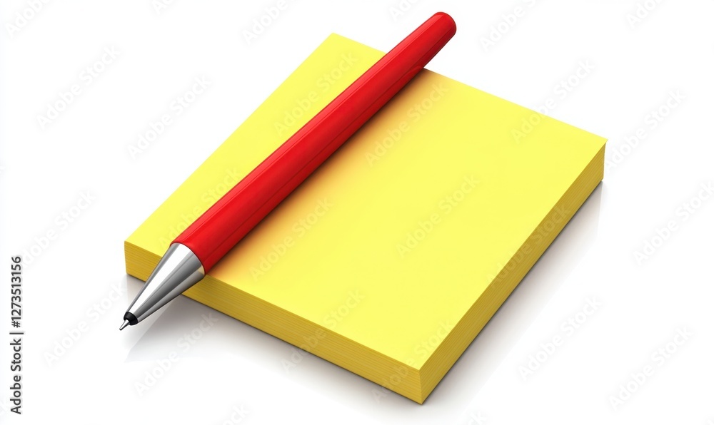 A vibrant red pen resting on a bright yellow sticky note, ideal for office organization and brainstorming A vibrant red pen resting on a bright yellow sticky note, ideal for office organization and brainstorming