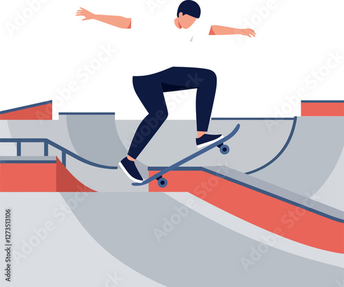Skateboarder performing tricks in a modern skate park flat vector art