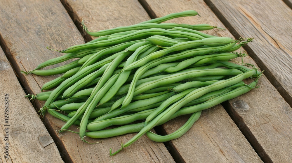 Bunch of green beans on a wooden background Bunch of green beans on a wooden background
