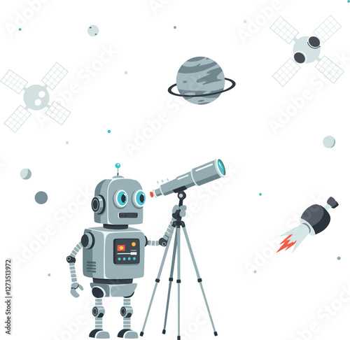 Robot exploring space with telescope in flat vector art style