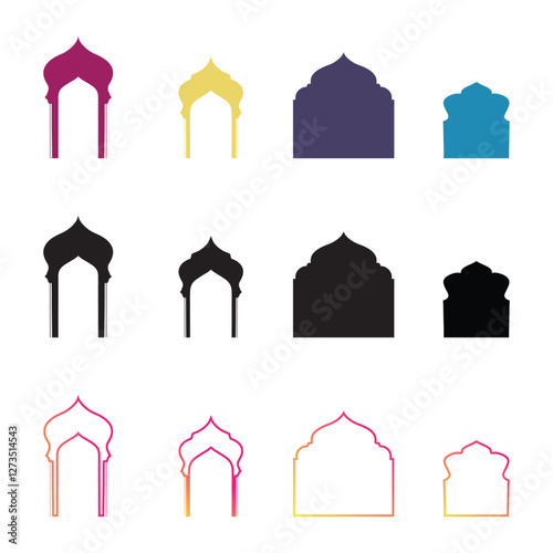 Islamic Shape door, window silhouette Arabic arch. Frames in Arabian Muslim design for Ramadan Kareem. Mosque gate isolated shape. Colorful Islamic Archways.