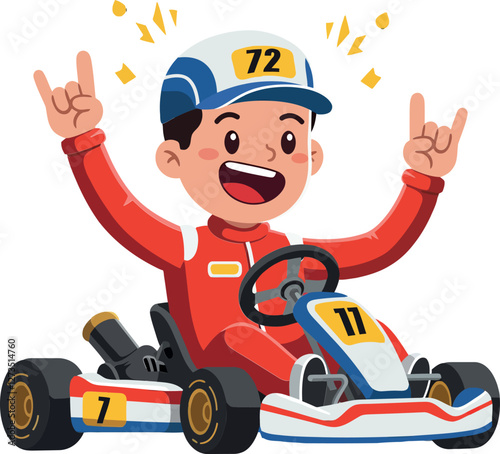 Excited child in go-kart with joyful expression flat vector illustration