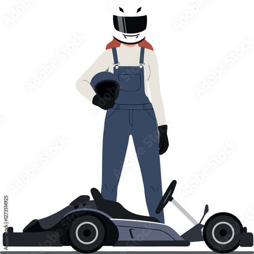 Racing driver standing confidently next to go-kart in minimal vector art