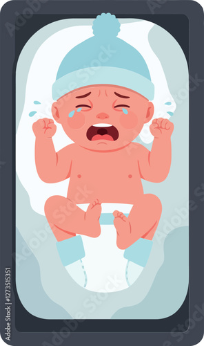 Crying baby in a crib with flat vector illustration style