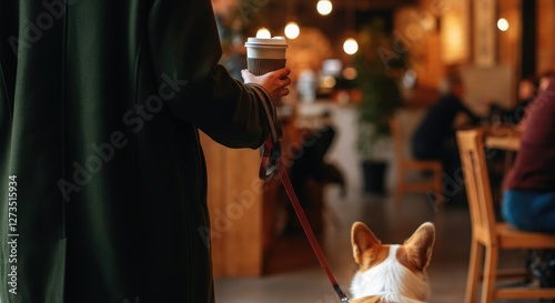 Person holding cup with dog on leash in cozy cafe, focusing hot beverage