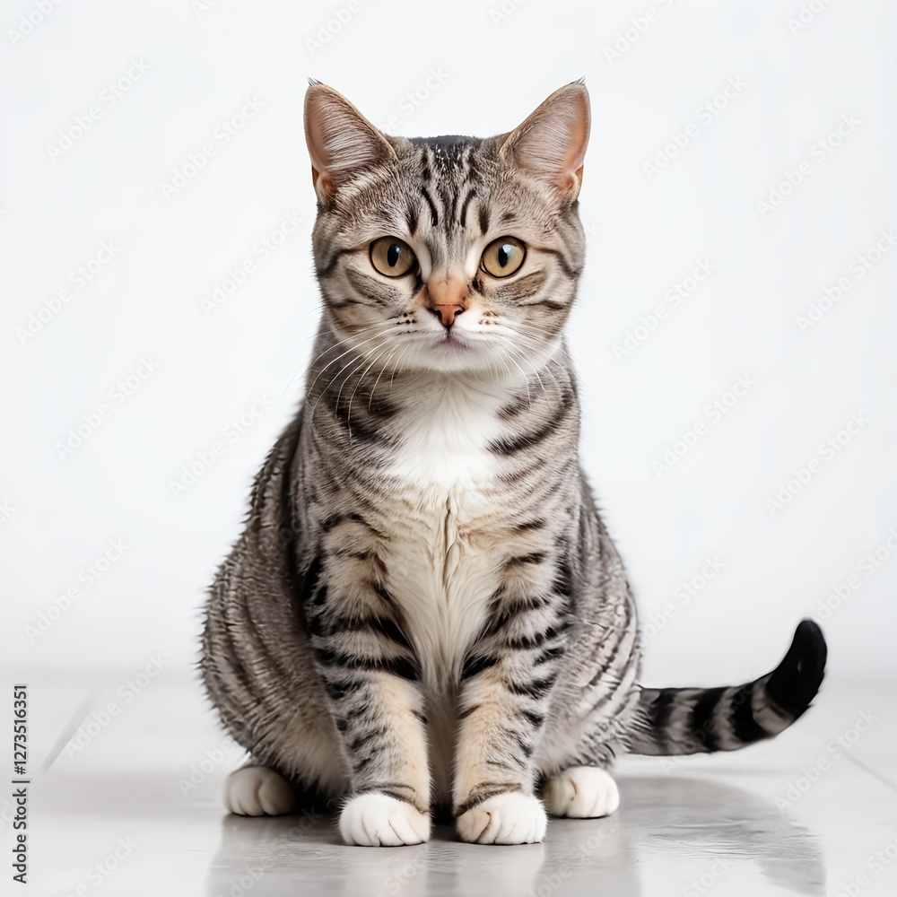 Obraz premium Adorable Grey Tabby Cat Sitting on White Floor