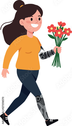 Woman with robotic arm joyfully walking while holding flowers vector illustration