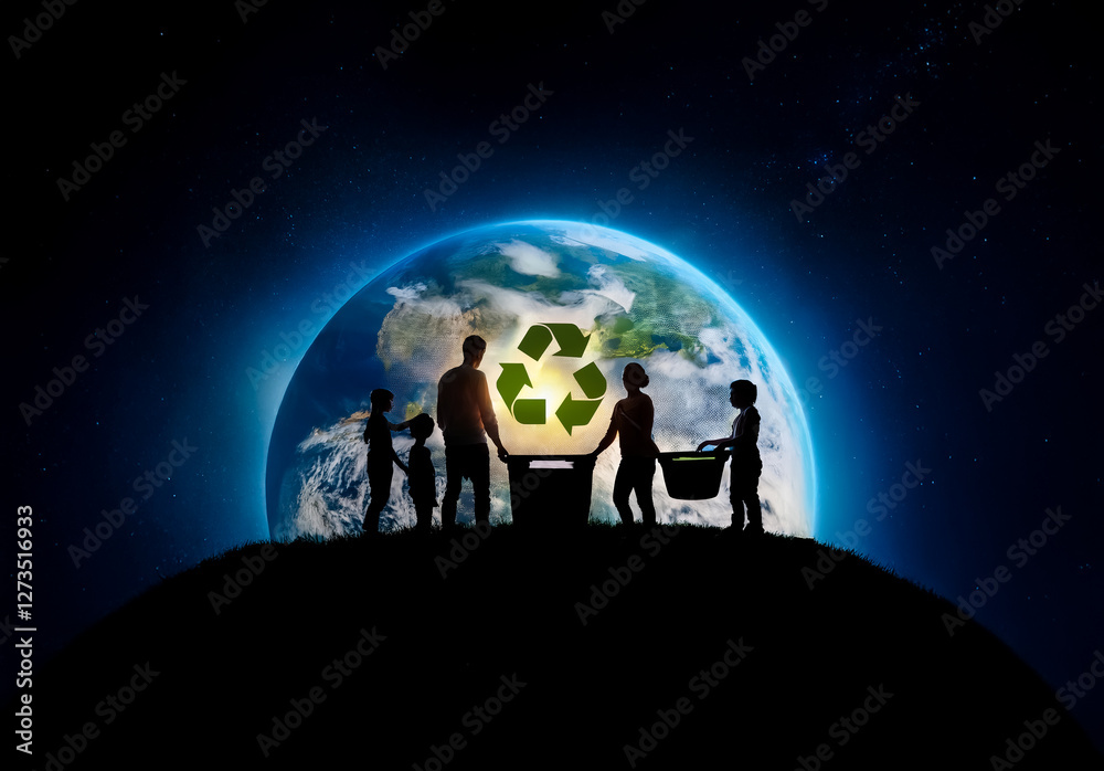 Shenzhen, China - Unknown Date : A family stands silhouetted against a glowing earth with a recycle symbol. They are near a bin, symbolizing environmental responsibility and a sustainable future for t Shenzhen, China - Unknown Date : A family stands silhouetted against a glowing earth with a recycle symbol. They are near a bin, symbolizing environmental responsibility and a sustainable future for t