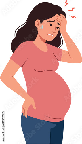 Pregnant woman holding her head in distress flat vector illustration