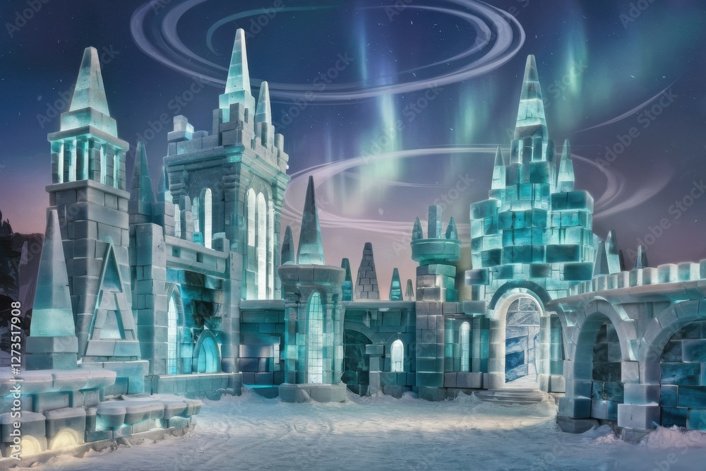 Fototapeta premium Majestic Ice Castle Surrounded by Northern Lights in Frozen Landscape