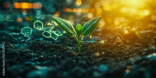 Futuristic sprout with digital elements growing in soil illuminated by golden sunlight photo