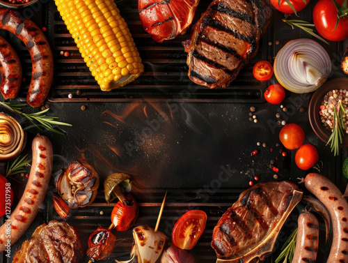 Grilled barbecue feast with sausages, vegetables, and herbs on a rustic cookout table