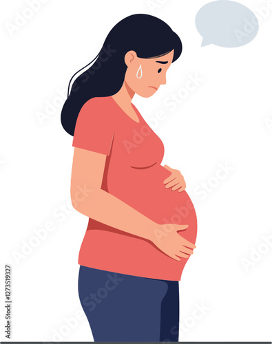 Pregnant woman with worried expression in flat vector art style