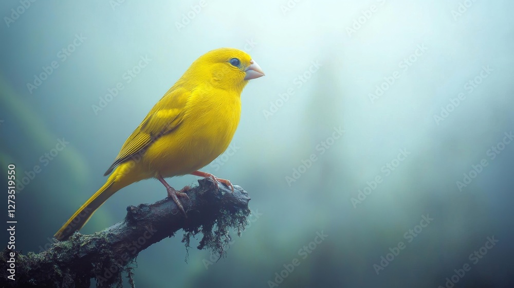 A group of yellow canaries (Serinus canaria) perched against a white backdrop A group of yellow canaries (Serinus canaria) perched against a white backdrop