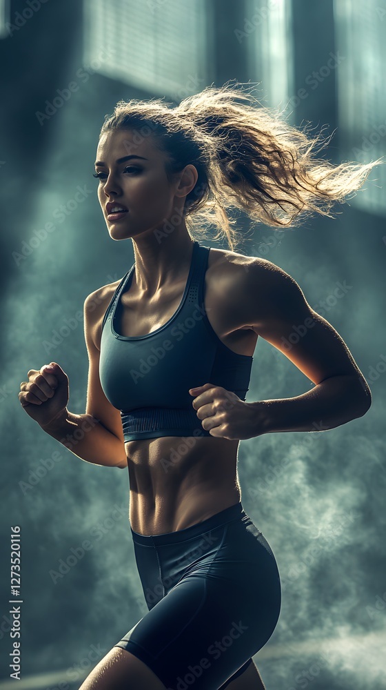 Obraz premium Dynamic Sportswoman in Motion During Intense Workout Session in a Dramatic Indoor Environment