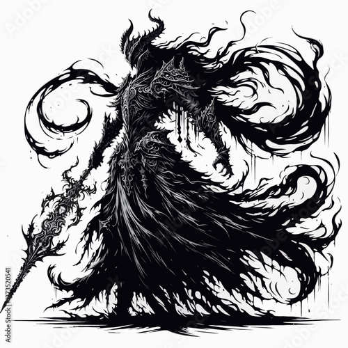 Shadowy dark warrior with a cursed sword in black ink illustration