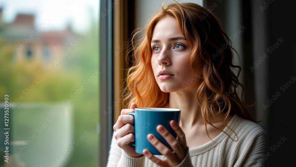 Woman enjoying coffee at a window: time for contemplation Woman enjoying coffee at a window: time for contemplation