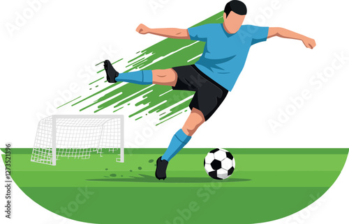 Soccer player kicking ball with dynamic motion in flat vector art