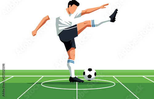 Soccer player performing a kick on the field in flat vector art