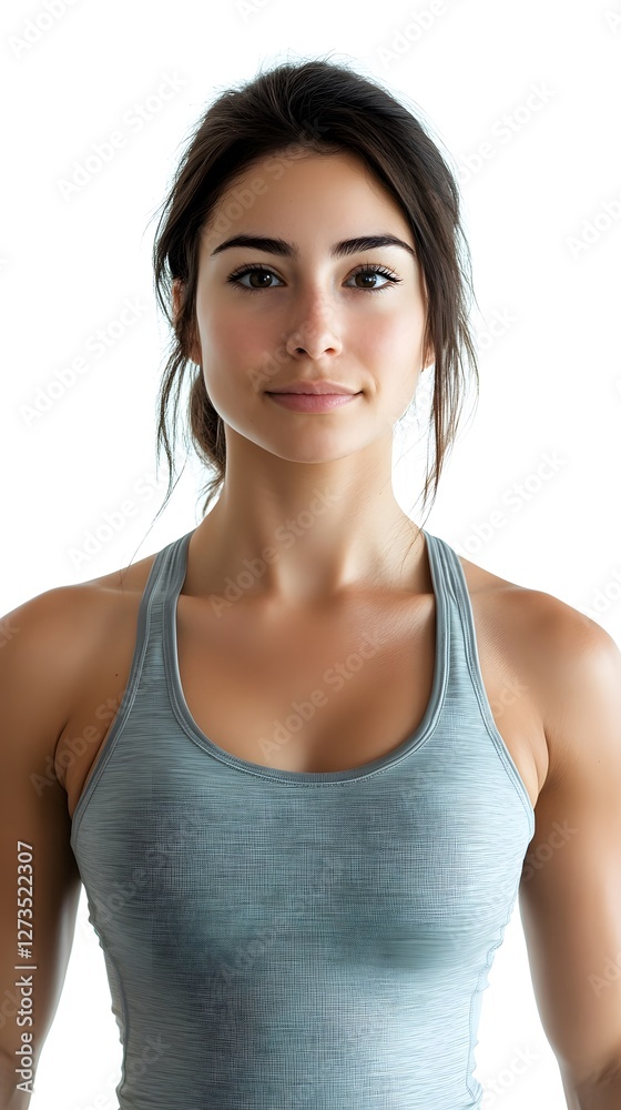 Confident Fit Woman Standing With a Natural Smile Against a Bright Background in a Fitness Concept Portrait Confident Fit Woman Standing With a Natural Smile Against a Bright Background in a Fitness Concept Portrait