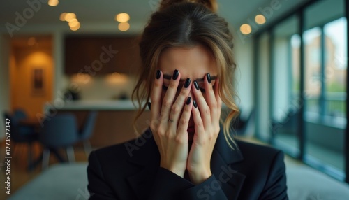 A woman in a suit covers her face in an interior space, expressing a strong emotion, possibly distress or intense focus. photo