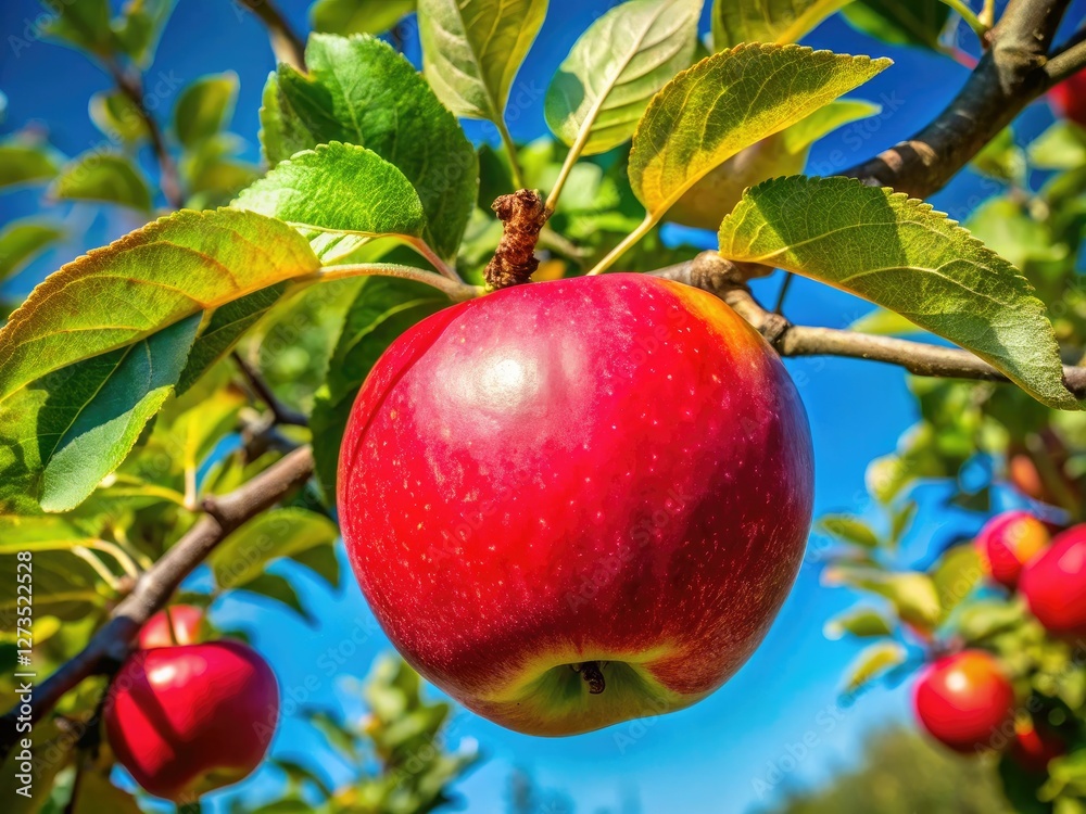 A vibrant red apple, sharply focused, hangs from a branch against a brilliant blue sky and lush green leaves. A vibrant red apple, sharply focused, hangs from a branch against a brilliant blue sky and lush green leaves.