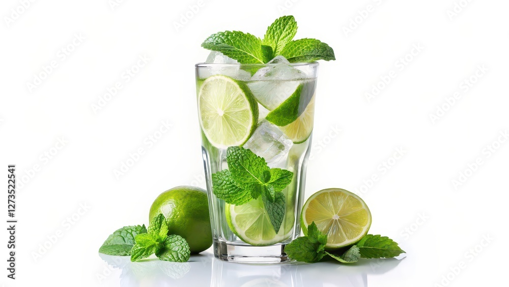 Mojito Cocktail with Lime and Mint on White Background