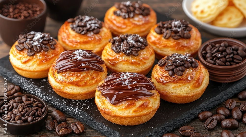Coffee-topped pastries on slate, with chocolate and powdered sugar, on a wooden table Coffee-topped pastries on slate, with chocolate and powdered sugar, on a wooden table