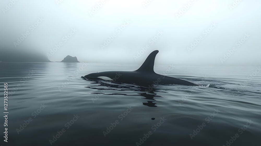 Naklejka premium Mesmerizing silhouetted killer whale set against a tranquil ocean backdrop showcasing a minimalist aesthetic with soft ripples in the water and an ethereal moody lighting effect