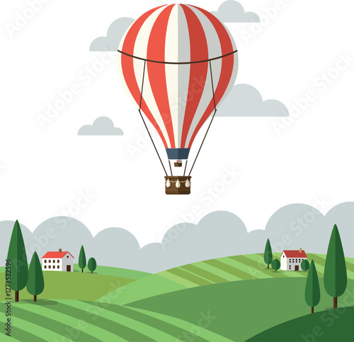 Colorful hot air balloon soaring over green hills in flat vector art