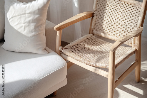 Woven chair and sofa in light airy space. photo