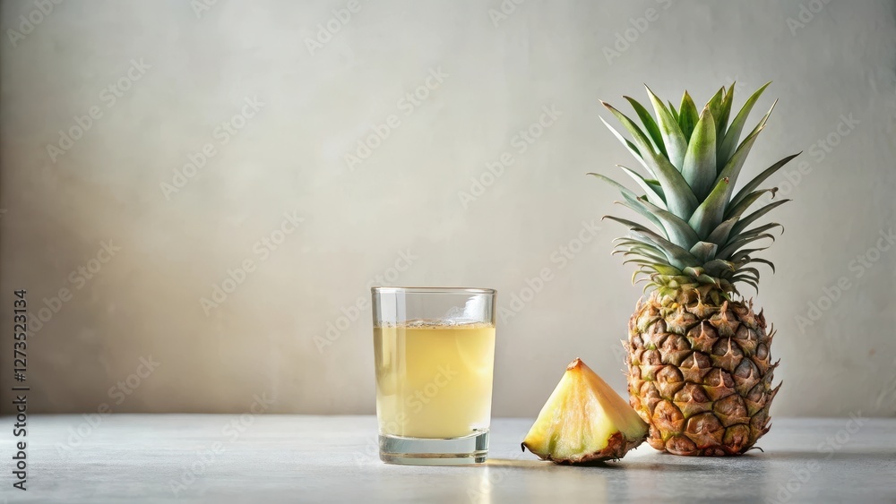 Refreshing Pineapple Juice in Glass with Whole Pineapple and Slice on Table Refreshing Pineapple Juice in Glass with Whole Pineapple and Slice on Table