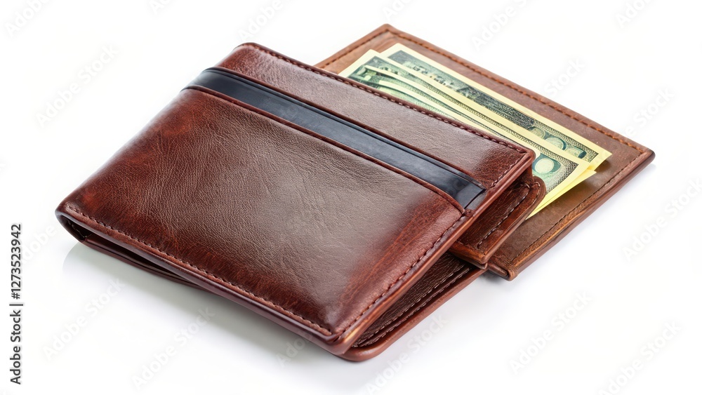 Brown Leather Wallet with Cash on White Background Brown Leather Wallet with Cash on White Background