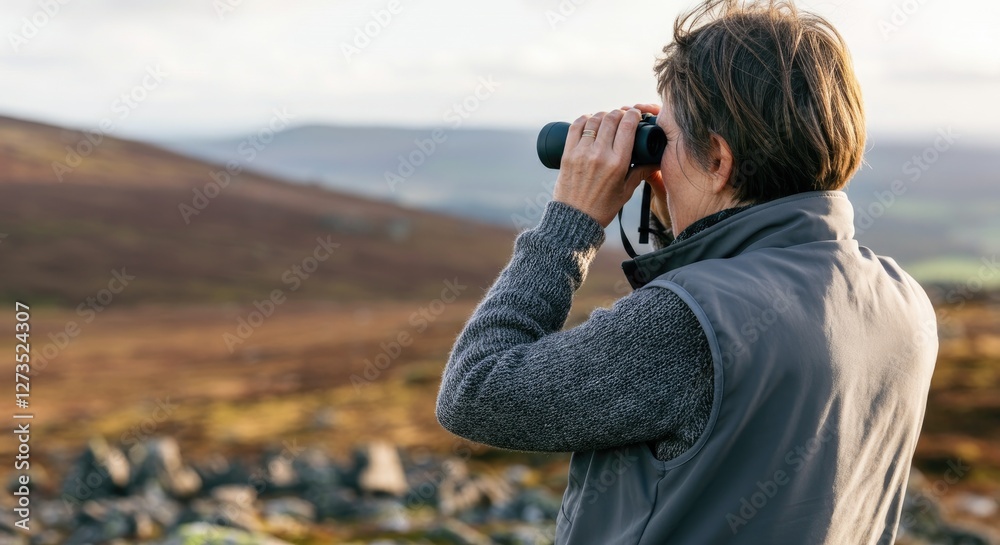 Person using binoculars to look at distant landscape Person using binoculars to look at distant landscape