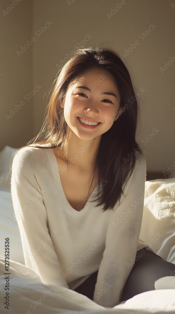 Joyful Young Asian Woman with Radiant Smile Sitting Comfortably in Bed, Capturing a Moment of Happiness Joyful Young Asian Woman with Radiant Smile Sitting Comfortably in Bed, Capturing a Moment of Happiness