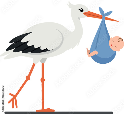 Stork carrying a baby in a blue bag minimal vector illustration