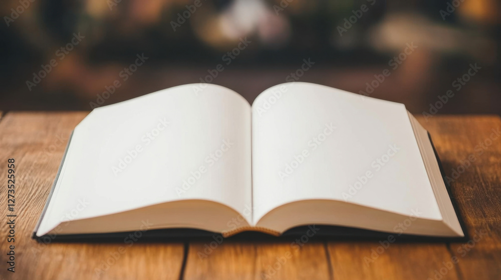 Fototapeta premium open diary book with empty pages resting on wooden table, inviting creativity and reflection. serene atmosphere encourages thoughts and ideas to flow freely