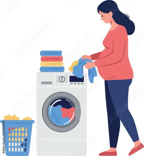 Woman doing laundry with washing machine in flat vector illustration